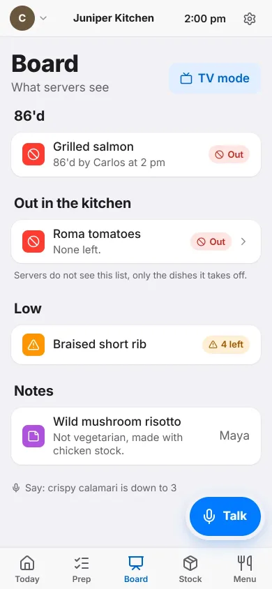 Heard's Board screen. Grilled salmon is listed as 86'd, and Roma tomatoes are out in the kitchen.