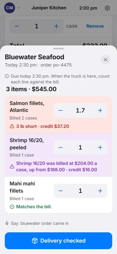 Heard's delivery sheet for Bluewater Seafood. The salmon is 3 pounds short, with a credit shown, and a shrimp price that went up.