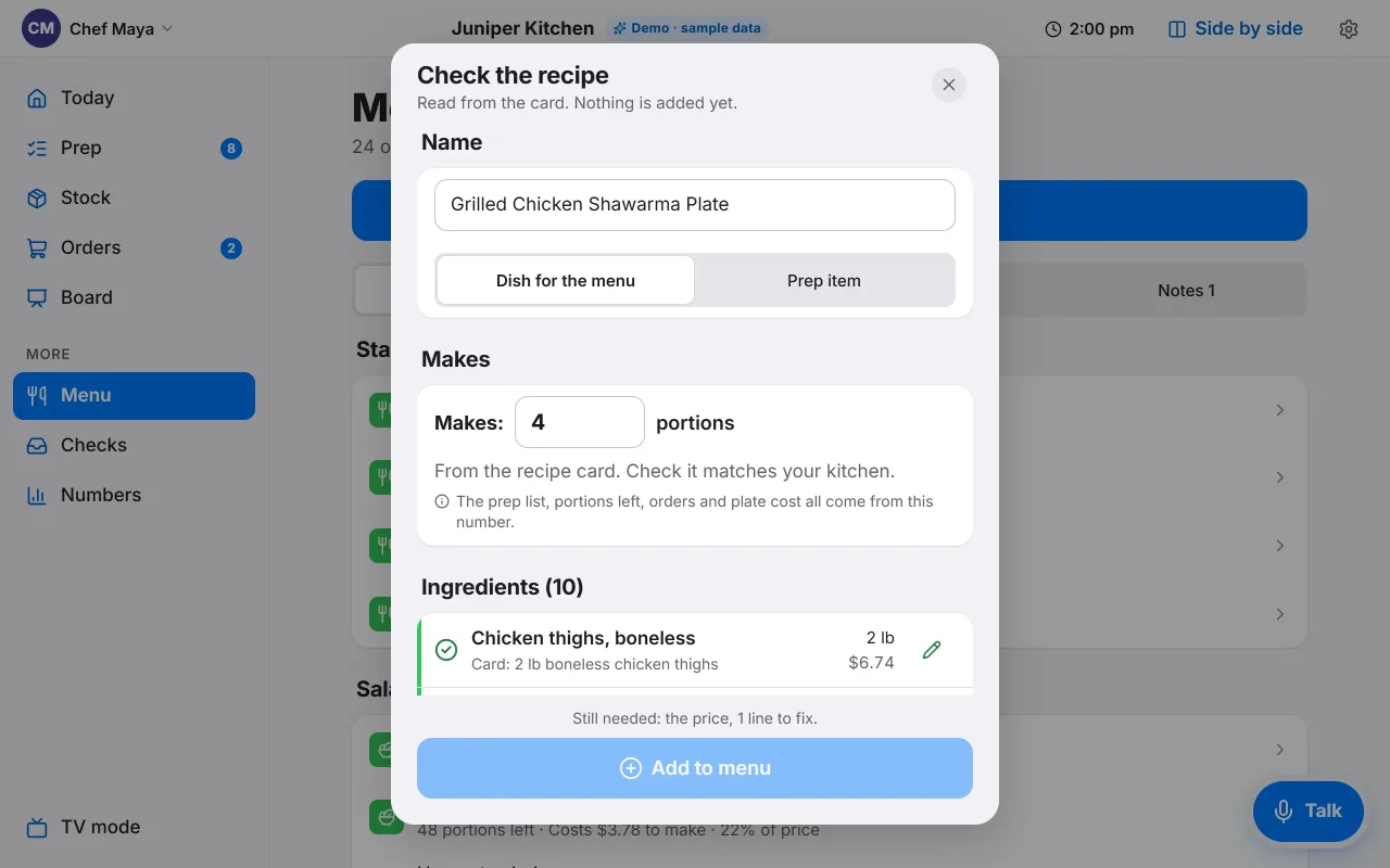 Heard's Check the recipe sheet. Nothing is added yet. The recipe name, how many portions it makes and the first ingredient with its cost are shown for checking.