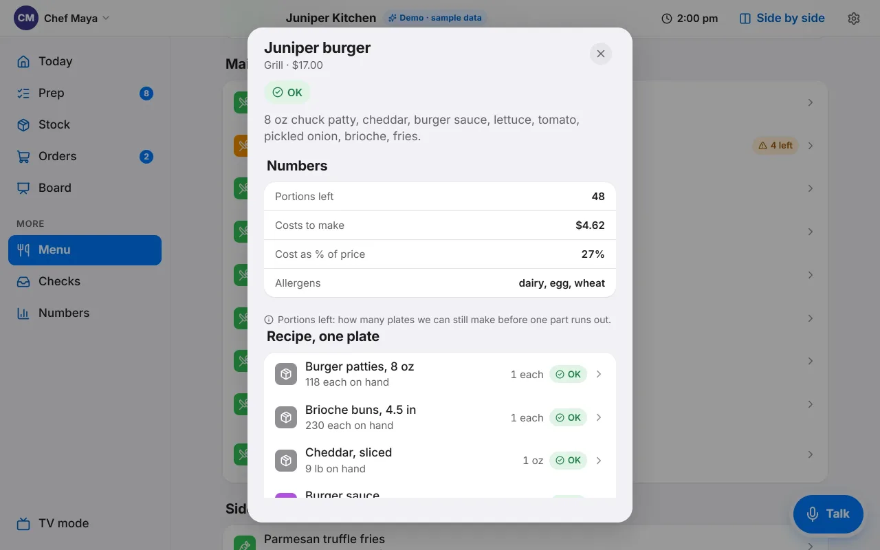 Heard's sheet for the Juniper burger. It shows the cost to make, the share of the price, and the recipe for one plate.