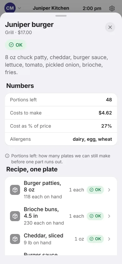 Heard's sheet for the Juniper burger. It shows the cost to make, the share of the price, and the recipe for one plate.