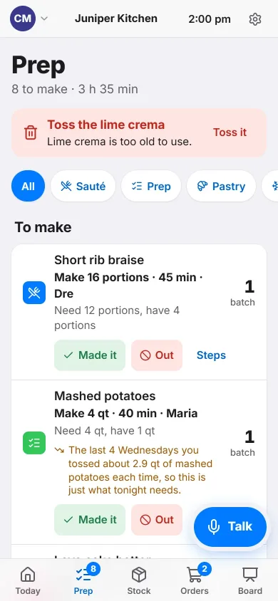 Heard's Prep screen as Chef Maya. Tonight's list shows short rib braise and mashed potatoes, with how much, who makes it and how long.