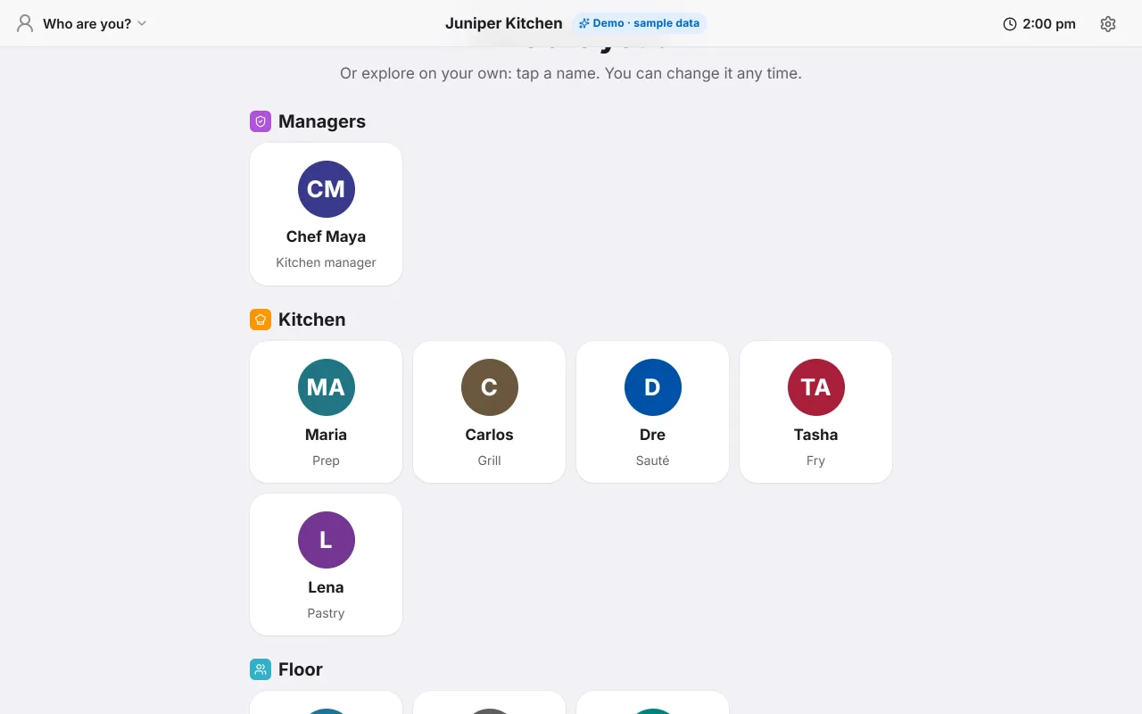 The Who are you screen of the pretend kitchen: managers, kitchen and floor, each a name to tap.