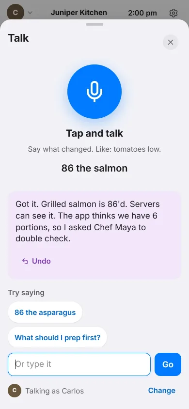 A phone showing the Talk sheet: a big blue mic, the words 86 the salmon and the answer.