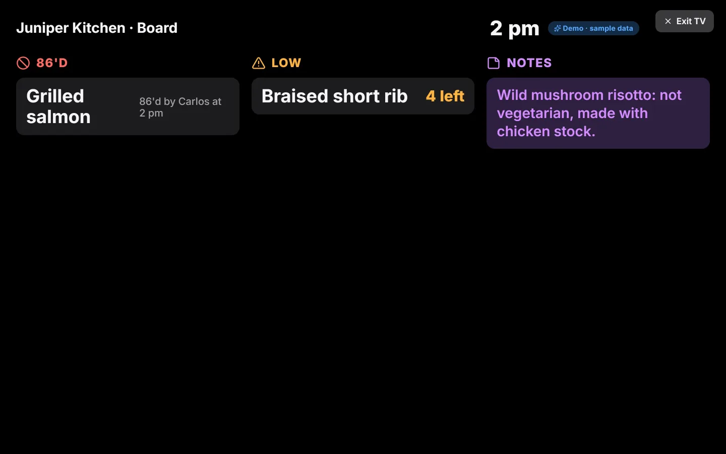 Heard in TV mode: a big dark board with the 86'd grilled salmon, the low braised short rib and a note about the risotto.