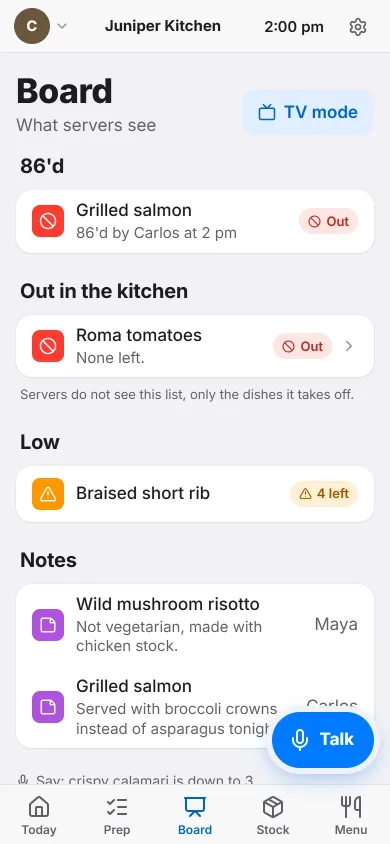 Heard's Board screen after Carlos said two things in one sentence. The salmon is 86'd and a note says it comes with broccoli.